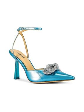 Metallic Turquoise Pointed Slingback Pump with Crystal Knot